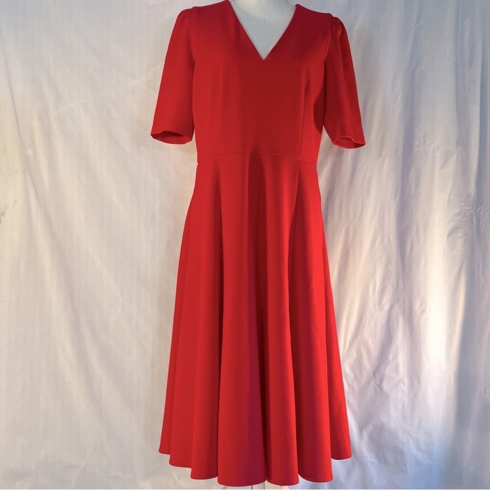 Donna Morgan Red MIDI Dress Crepe Elbow Length Sleeves V Neck Fit & Flare 12 - Picture 3 of 10